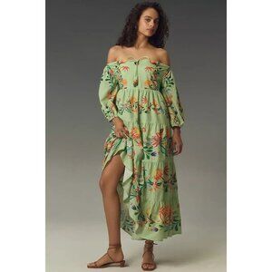 NWT Farm Rio x Anthropologie Tiered Floral Midi Dress Green Size XXS